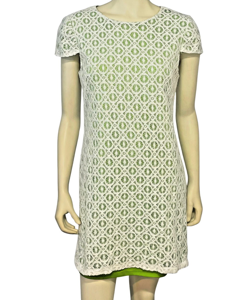 Suzi Chin Sz 6 Spring Green Shift Dress with White Crochet Overlay Cap Sleeve